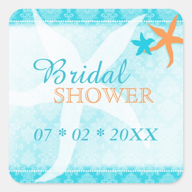 Turquoise Orange Beach Bridal Shower Square Sticker (Front)