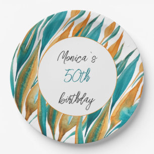 Turquoise Orange Beautiful Watercolor Personalised Paper Plate