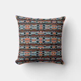 Turquoise Orange Black Mediterranean Thin Rows Cushion