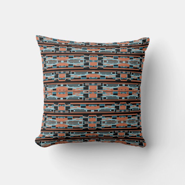 Turquoise Orange Black Mediterranean Thin Rows Cushion (Front)