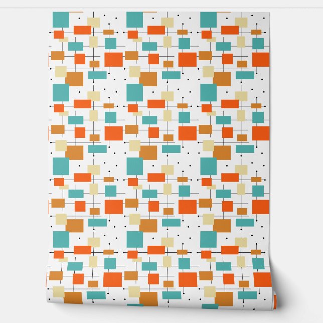 Turquoise Orange Black Squares Lines Mid Century Wallpaper (Unrolling)