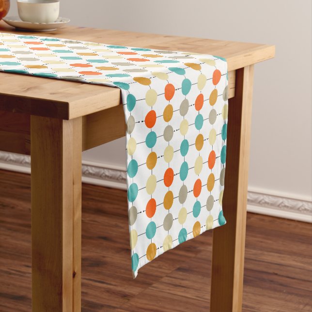 Turquoise Orange Cream Circle Mid Mod Pattern Short Table Runner (In Situ)