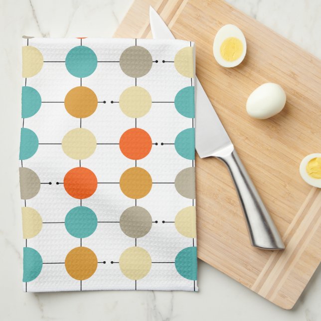 Turquoise Orange Cream Tan Circles On Black Lines Tea Towel (Quarter Fold)
