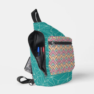 TURQUOISE ORANGE DARK RED & PINK GEOMETRIC PATTERN SLING BAG