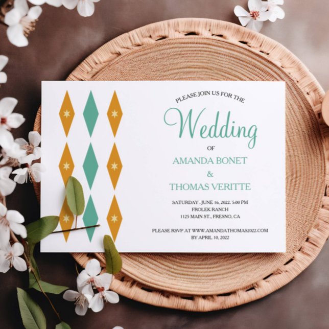 Turquoise Orange Diamond Star Mid Century Wedding Invitation (Creator Uploaded)
