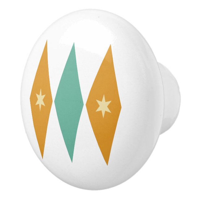 Turquoise Orange Diamonds Cream Stars Mid Mod Ceramic Knob (Right)