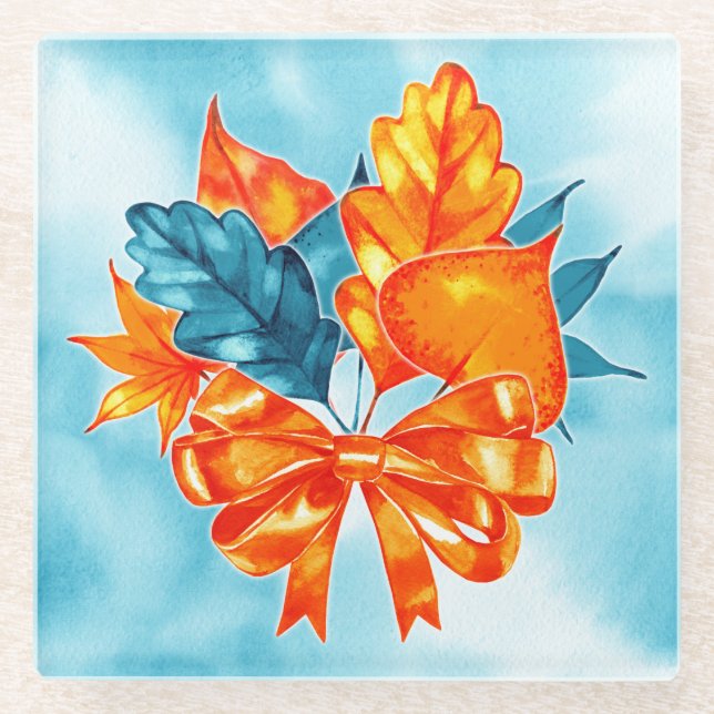 TURQUOISE & ORANGE FALL LEAVES BOWS PUMPKINS GLASS COASTER (Front)