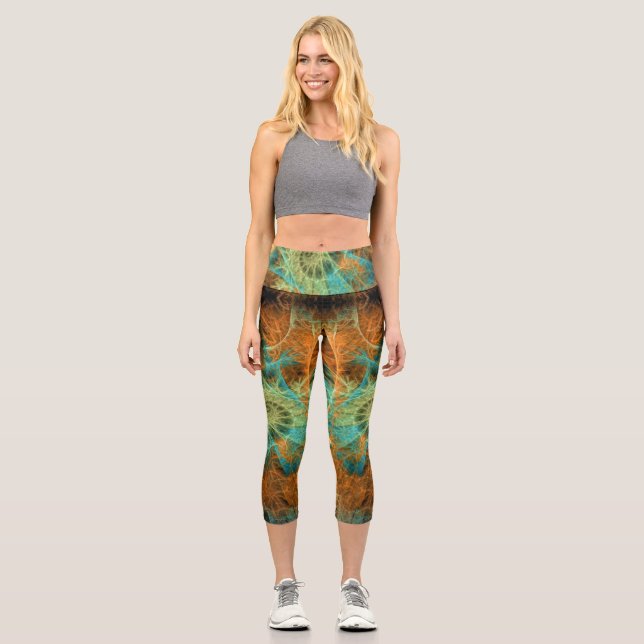 Turquoise+Orange Fractal Swirl V1 Capri Leggings (Front)