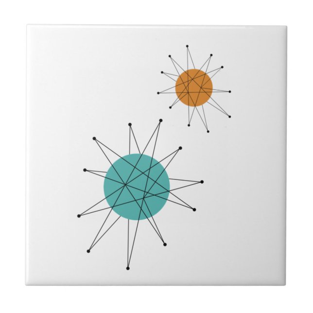 Turquoise Orange Franciscan Starburst Mid Century Ceramic Tile (Front)