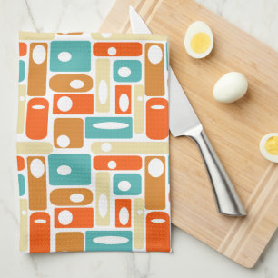 Turquoise Orange Geometric Mid Century Pattern Tea Towel