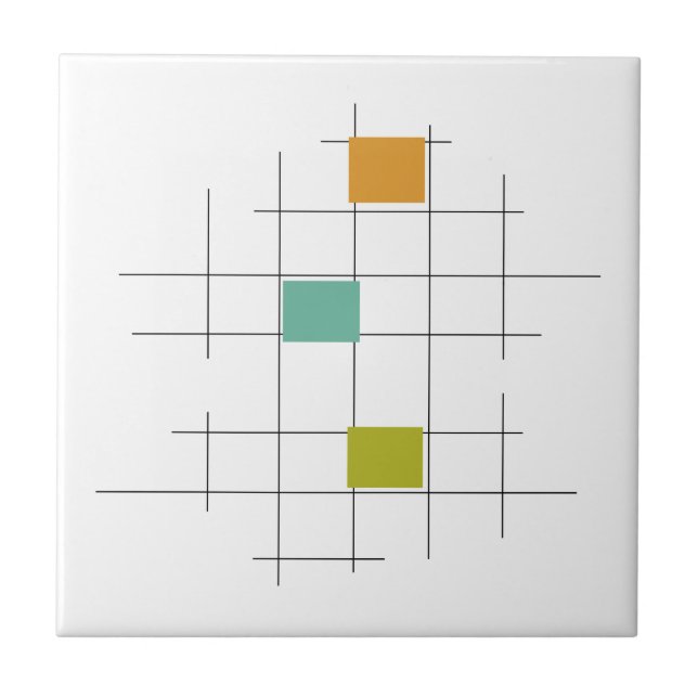 Turquoise Orange Green Lines Squares Mid Century Ceramic Tile (Front)