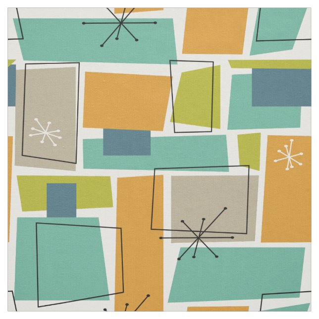 Turquoise Orange Green Rectangles Mid Century Fabric (Swatch)