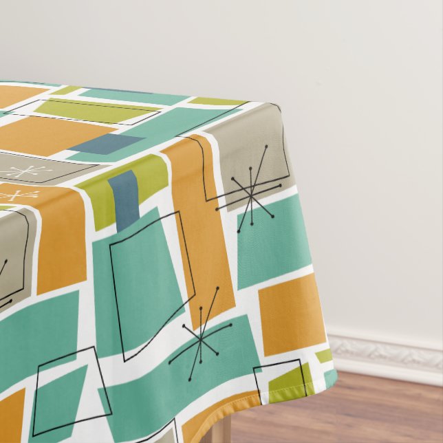 Turquoise Orange Green Squares Starburst Mid Mod Tablecloth (In Situ)
