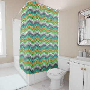 Turquoise Orange Lime Green Retro Waves Pattern Shower Curtain