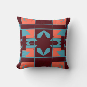 Turquoise Orange Plum Abstract Chequerboard Motif Cushion