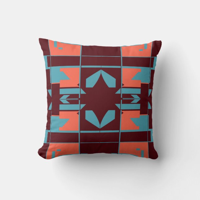 Turquoise Orange Plum Abstract Chequerboard Motif Cushion (Front)