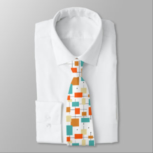 Turquoise Orange Rectangles Pattern Mid-century Tie
