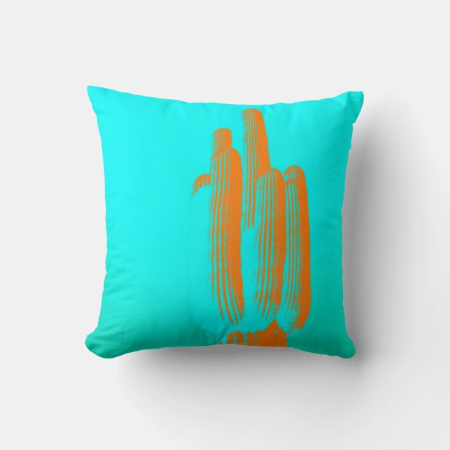 Turquoise Orange Saguaro Cactus Modern Art Cushion (Front)