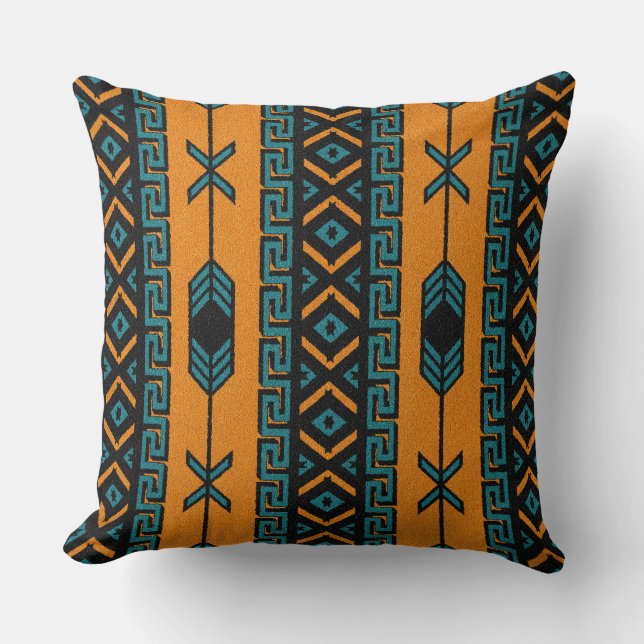 Turquoise Orange Southwest Tribal Aztec Design Cushion (Front)