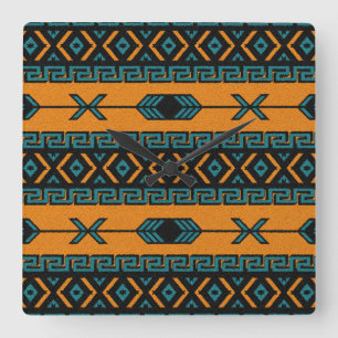 Turquoise Orange Southwest Tribal Aztec Design Square Wall Clock
