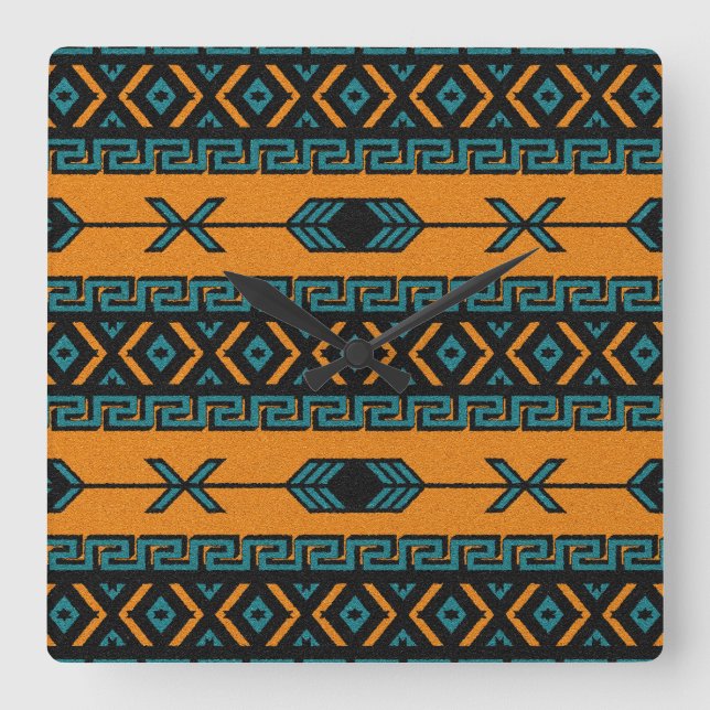 Turquoise Orange Southwest Tribal Aztec Design Square Wall Clock (Front)