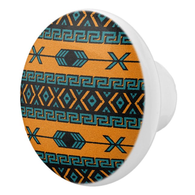Turquoise Orange Southwest Tribal Aztec Pattern Ceramic Knob (Right)
