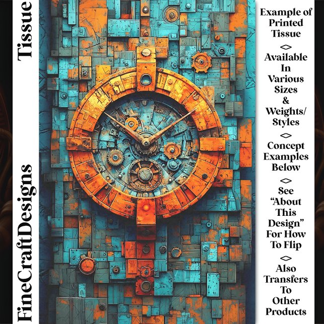 Turquoise & Orange Steampunk Clock CZ1 Decoupage Tissue Paper (Creator Uploaded)