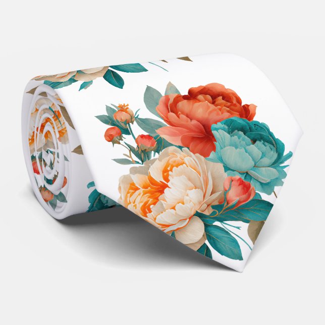 Turquoise Orange Watercolor Floral Pattern Tie (Rolled)
