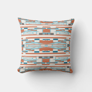 Turquoise Orange White Mediterranean Motif in Rows Cushion