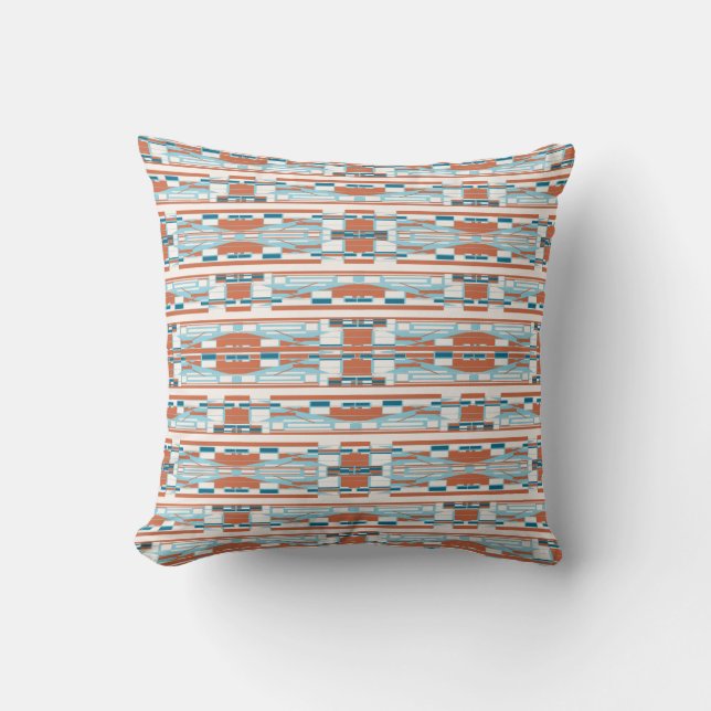 Turquoise Orange White Mediterranean Thin Rows Cushion (Front)