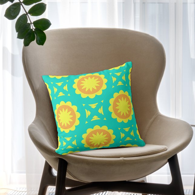 Turquoise Orange Yellow Mosaic Geometric Pattern Cushion (Creator Uploaded)