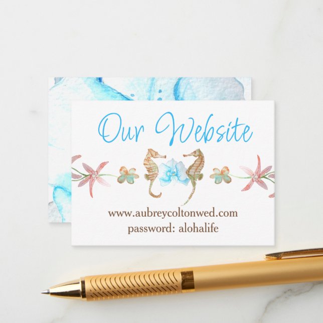 Turquoise Orchid, Seahorses Wedding Website Info Advice Card (Front/Back In Situ)