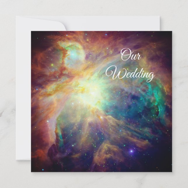 Turquoise Orion Nebula Space Photo Cosmic Wedding Invitation (Back)