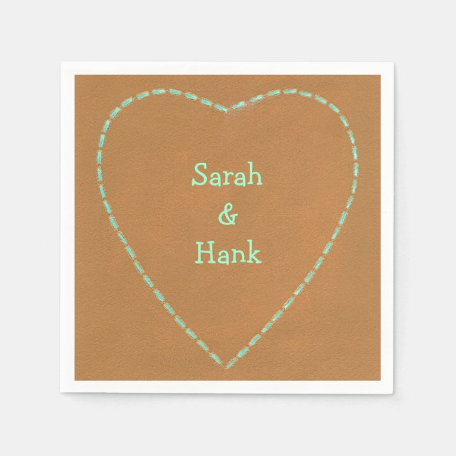 Turquoise outline heart brown personalised napkins (Front)