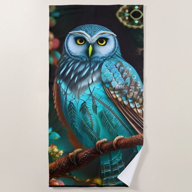 Turquoise owl beach towel (Front)