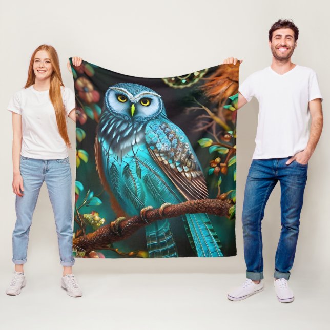 Turquoise owl fleece blanket (In Situ)