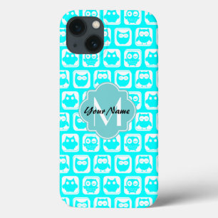 Turquoise Owl Pattern Aqua Personalised Name iPhone 13 Case