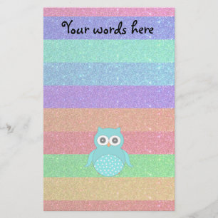 Turquoise owl rainbow glitter stationery