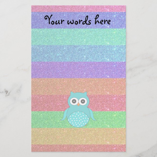 Turquoise owl rainbow glitter stationery (Front)