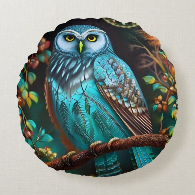 Turquoise owl round cushion (Front)