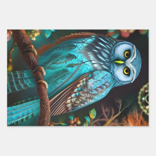 Turquoise owl wrapping paper sheet
