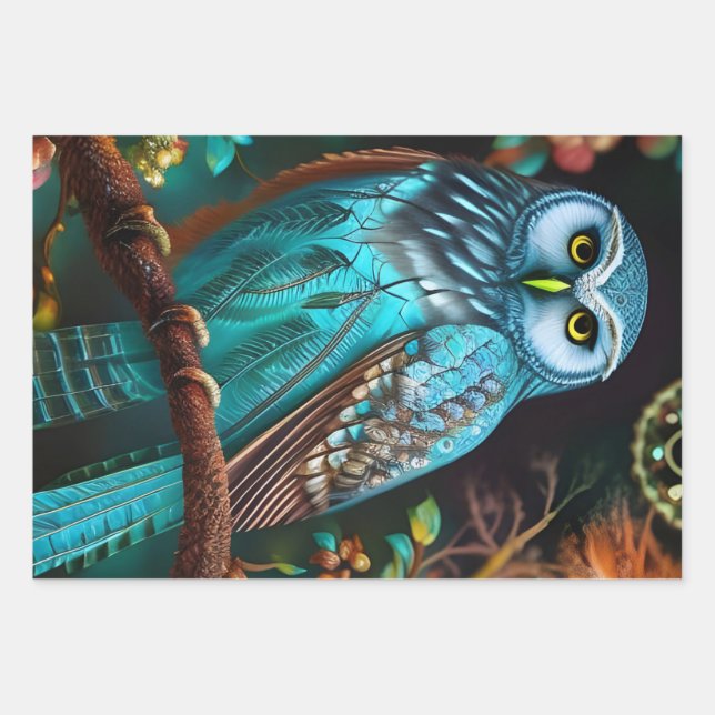 Turquoise owl wrapping paper sheet (Front)