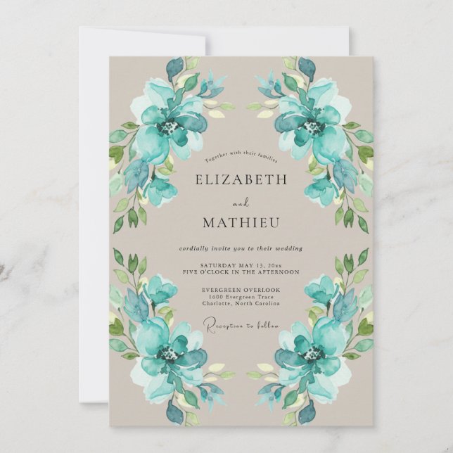 Turquoise Painted Foliage Wedding Invitation (Front)