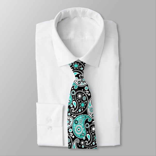 Turquoise Paisley Fancy Country Western Rancher Tie (Tied)