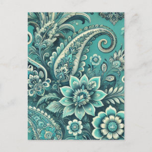 Turquoise Paisley Floral Pattern Holiday Postcard