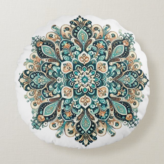 Turquoise Paisley Mandala with Gold Accents 1 Round Cushion (Front)