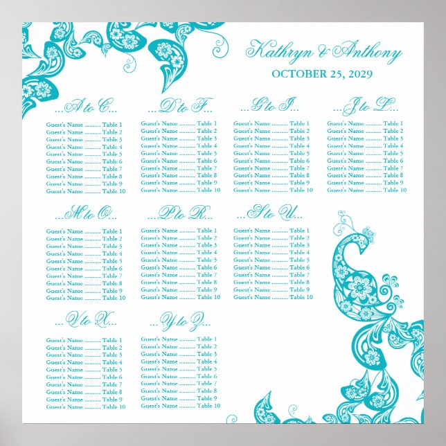 Turquoise Paisley Peacock Wedding Seating Chart (Front)