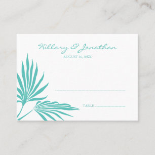 Turquoise palm leaf wedding escort name place card