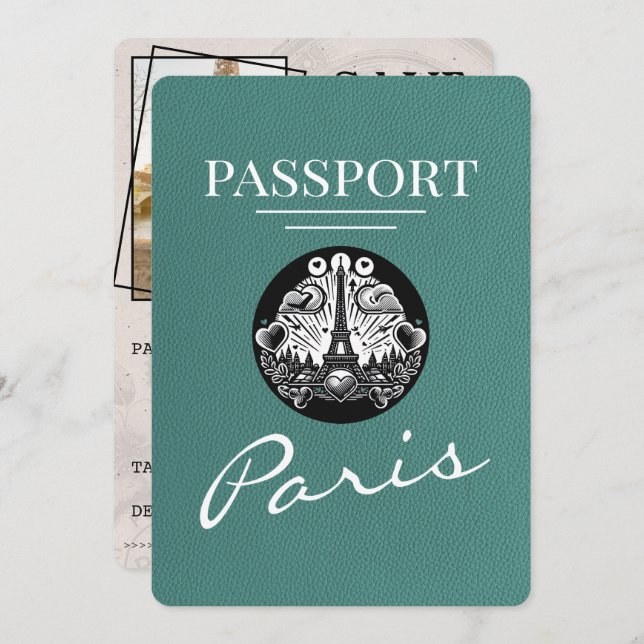 Turquoise Paris Passport Save The Date (Front/Back)