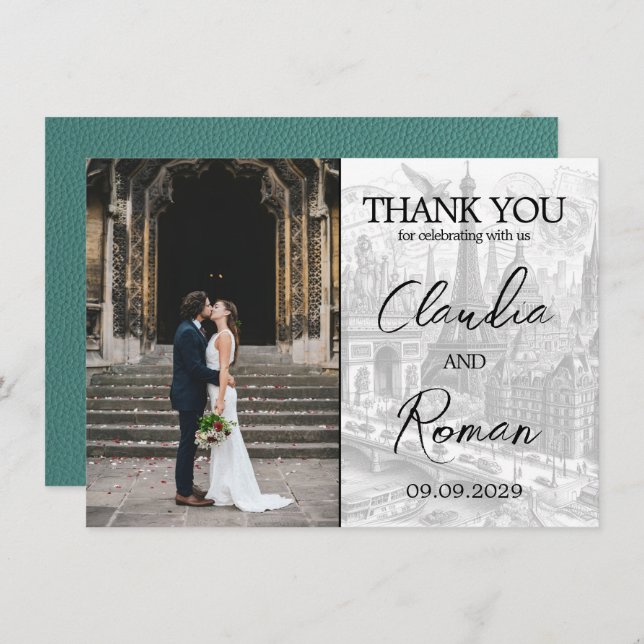 Turquoise Paris Passport Thank You Card (Front/Back)